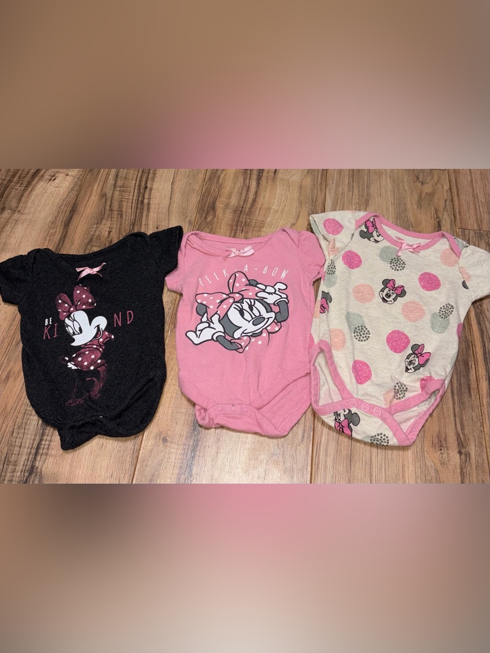 Disney Minnie Mouse Black Pink Cream Body Suit Bundle 3 Pieces 0-3M